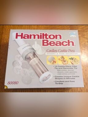 Hamilton Beach 80080 Cordless Cookie Press with Box (Missing 1 Disc & 2 Tips)